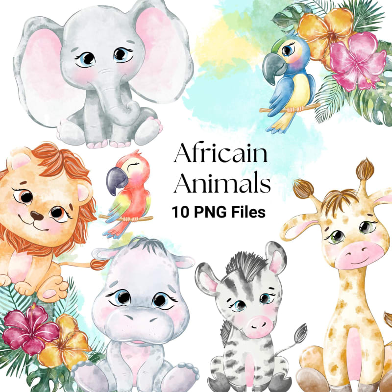 African Wildlife PNG Bundle Safari Animals Watercolor Jungle Clipart (Digital Download)