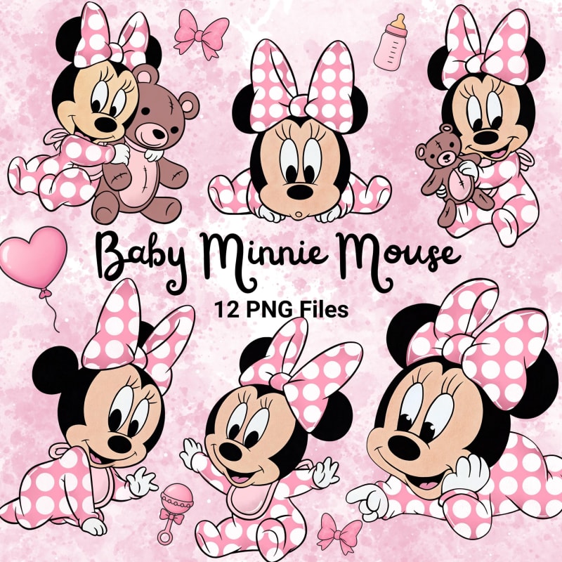 Baby Minnie Mouse PNG Watercolor Clipart Bundle Disney Pink and White (Digital Download)