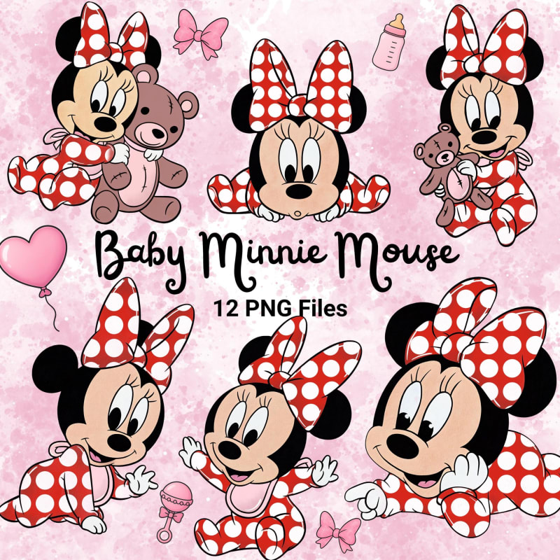 Baby Minnie Mouse Watercolor Clipart Bundle Red and White Disney PNG (Digital Download)