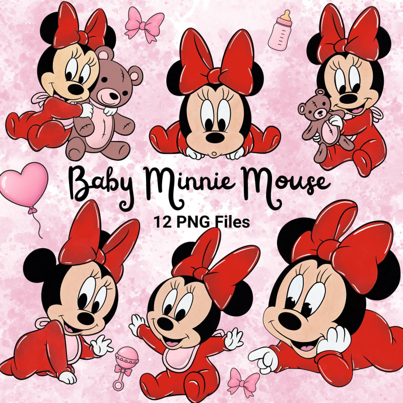 Baby Minnie Mouse Watercolor Clipart Disney Red Handmade PNG Bundle (Digital Download)