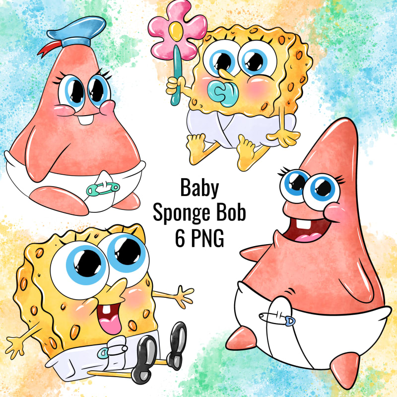 Baby SpongeBob Watercolor Clipart Bundle Baby Patrick Diaper PNG Kit (Digital Download)