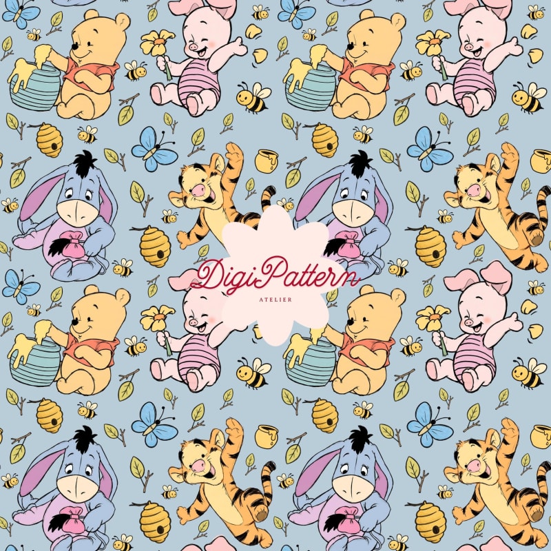 Baby Winnie the Pooh and Friends Seamless Pattern Disney Blue Watercolor Paper (Digital Download)