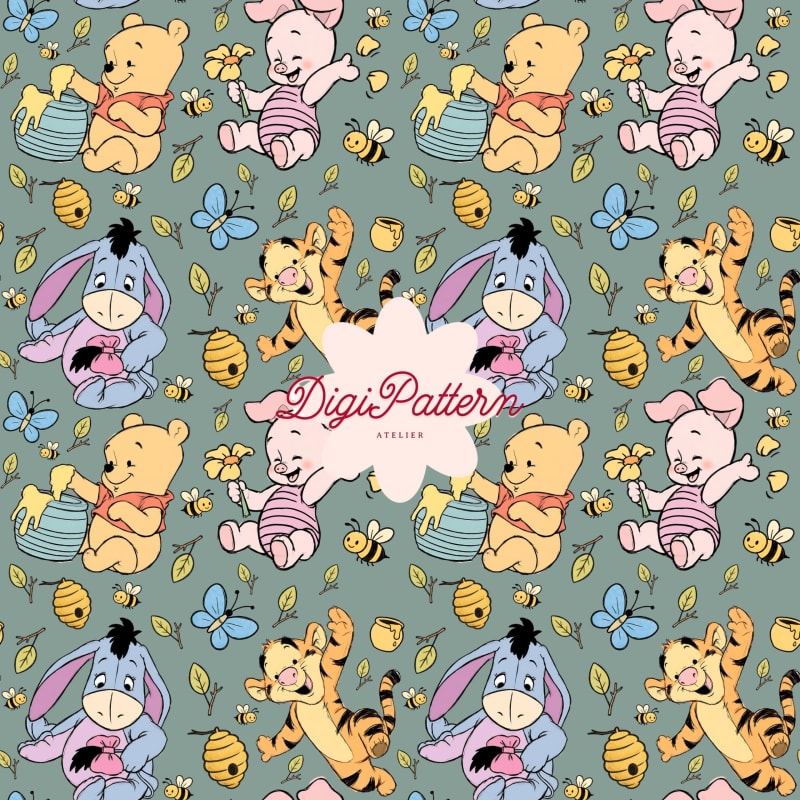 Baby Winnie the Pooh and Friends Seamless Pattern Disney Green Watercolor Paper (Digital Download)