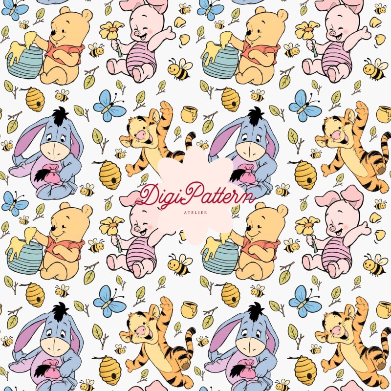 Baby Winnie the Pooh and Friends Seamless Pattern Disney White Watercolor Paper (Digital Download)