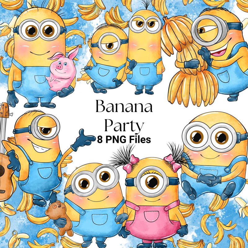 Banana Party Minions Clipart PNG Bundle Dreamworks Yellow Characters (Digital Download)