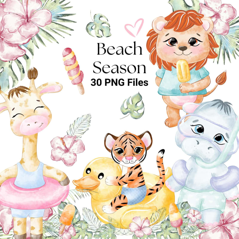 Beach Animals Watercolor Clipart Bundle African Jungle Summer PNG (Digital Download)