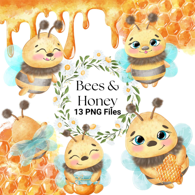 Bees and Honey Watercolor Clipart Bundle Flower Flying Yellow Insect PNG (Digital Download)