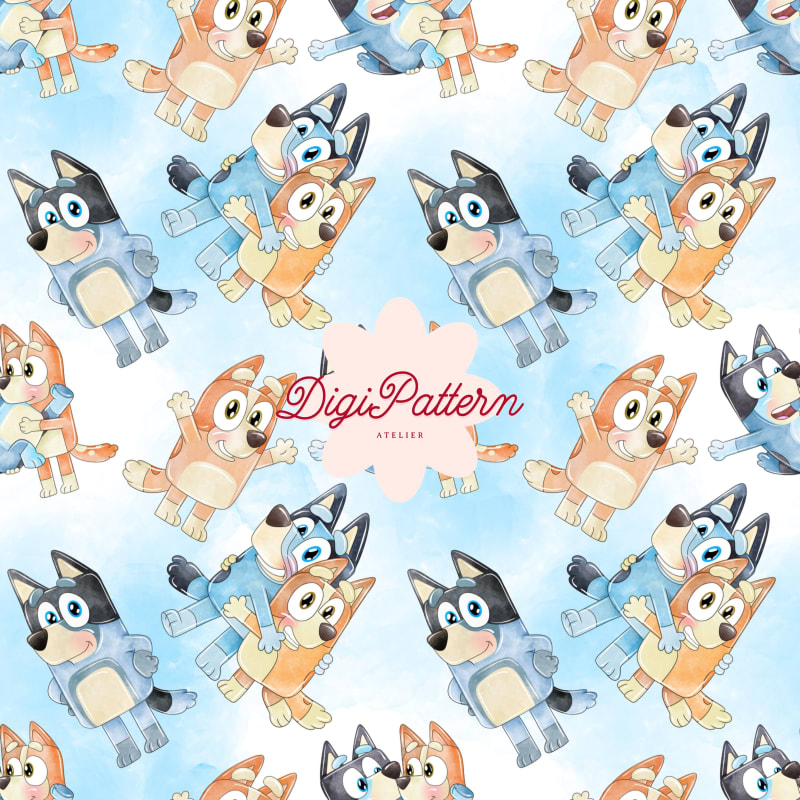 Bluey and Bingo Seamless Pattern Watercolor Blue Heeler Paper (Digital Download)