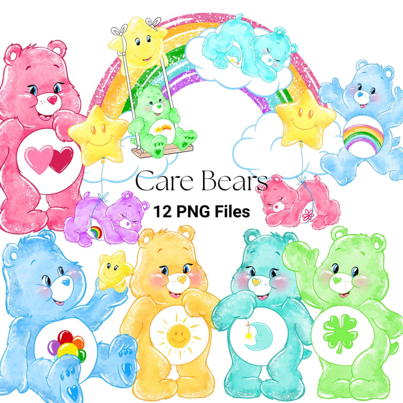 Care Bears Clipart Bundle Watercolor PNG Retro Classics (Digital Download)