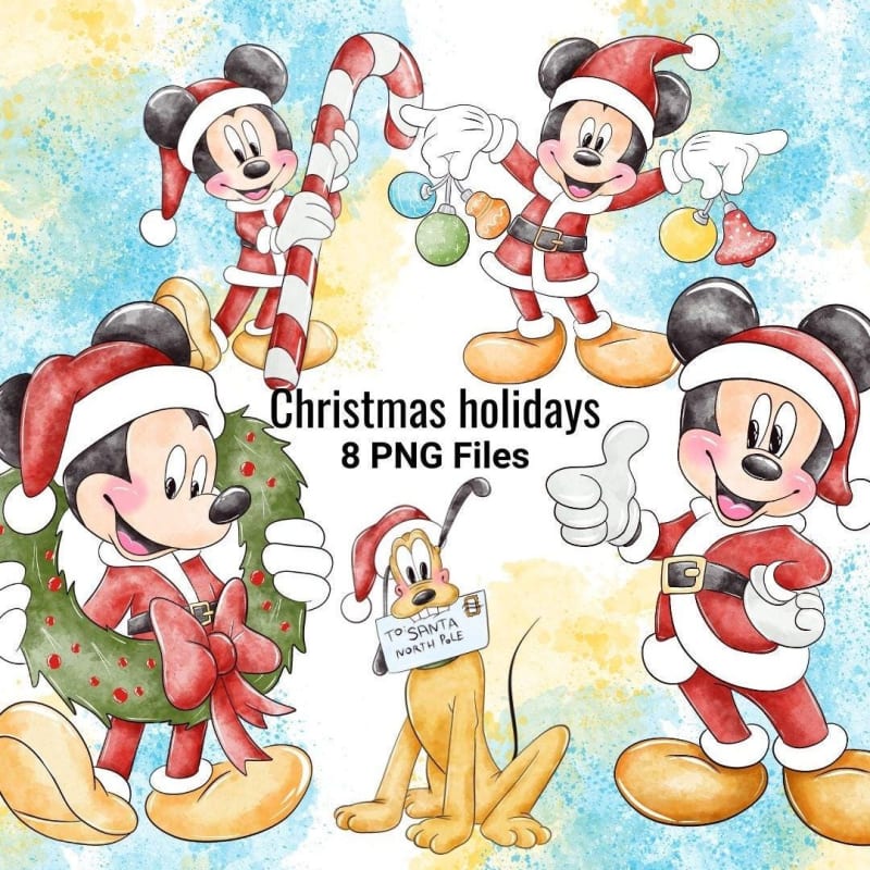 Christmas Mickey Mouse and Pluto Clipart Watercolor Holiday PNG Bundle (Digital Download)
