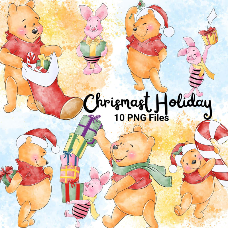 Christmas Winnie the Pooh and Piglet PNG Holiday Disney Clipart Bundle (Digital Download)