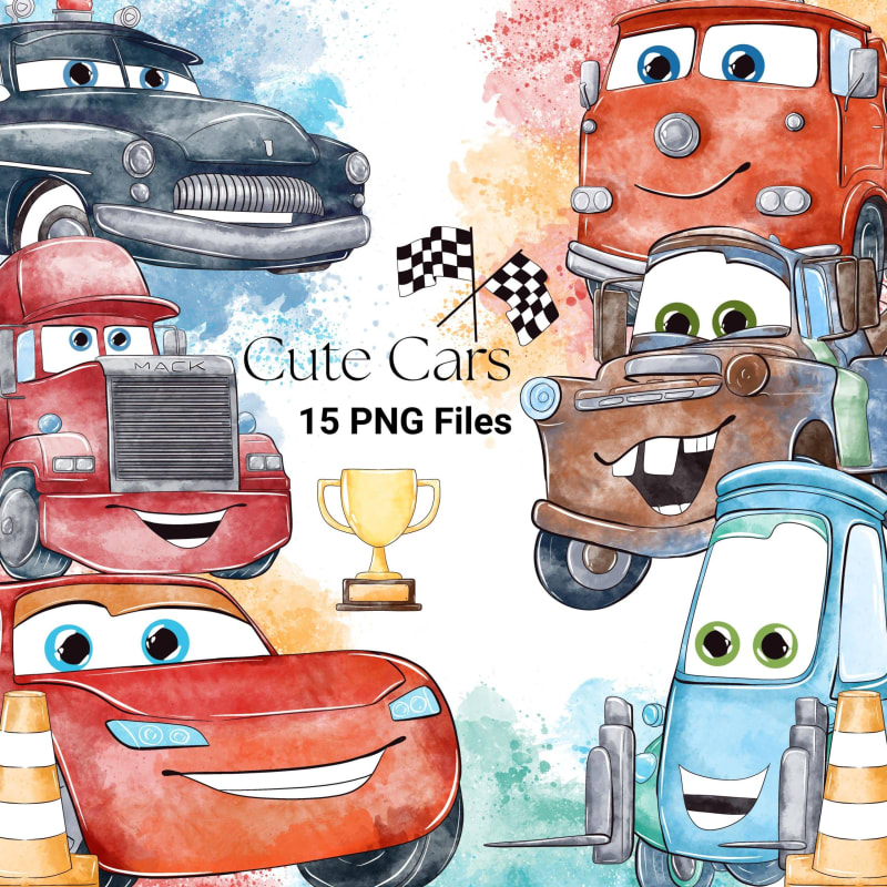 Cute Cars Clipart Bundle Watercolor Vehicle Pixar PNG (Digital Download)
