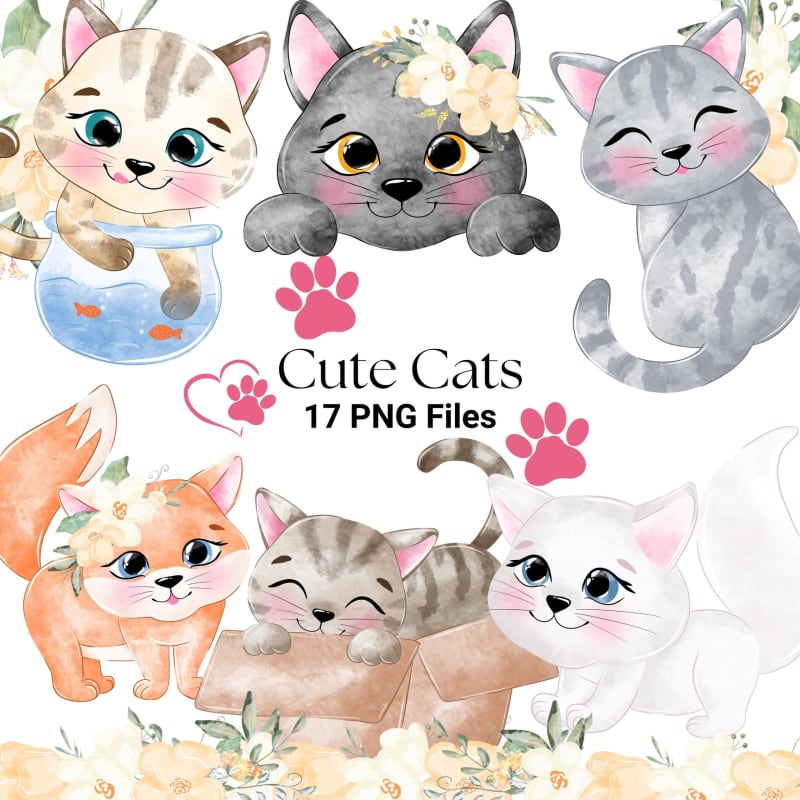 Cute Cats Clipart Bundle Watercolor Kittens and Flowers PNG (Digital Download)