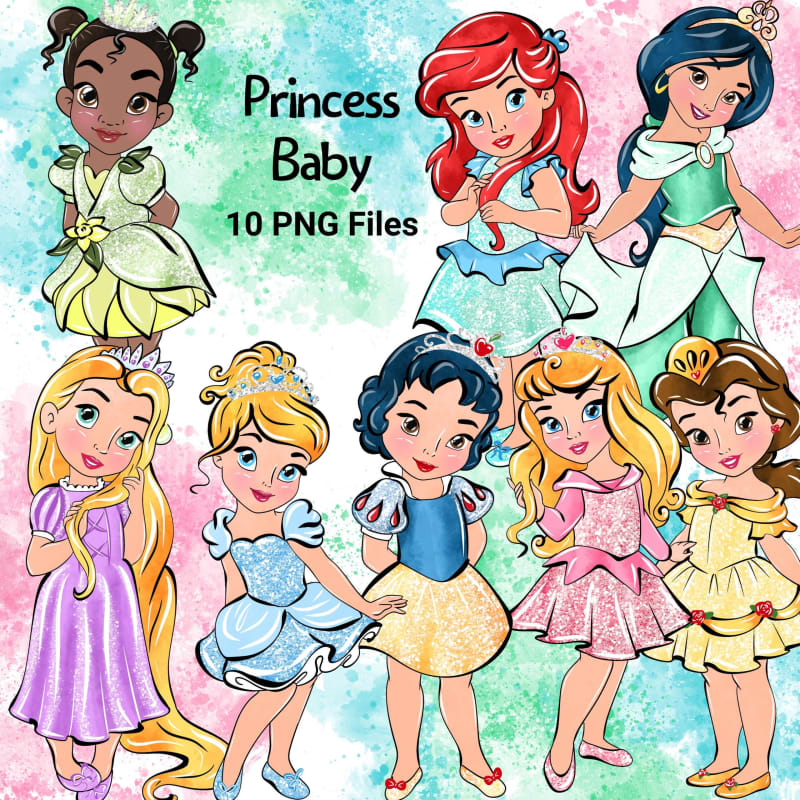 Disney Baby Princess Clipart Cinderella Ariel Snow White Belle Rapunzel PNG Bundle (Digital Download)