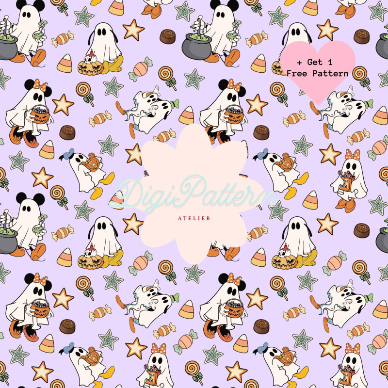 Disney Halloween Purple Seamless Pattern PNG Mickey and Friends Ghost Paper (Digital Download)