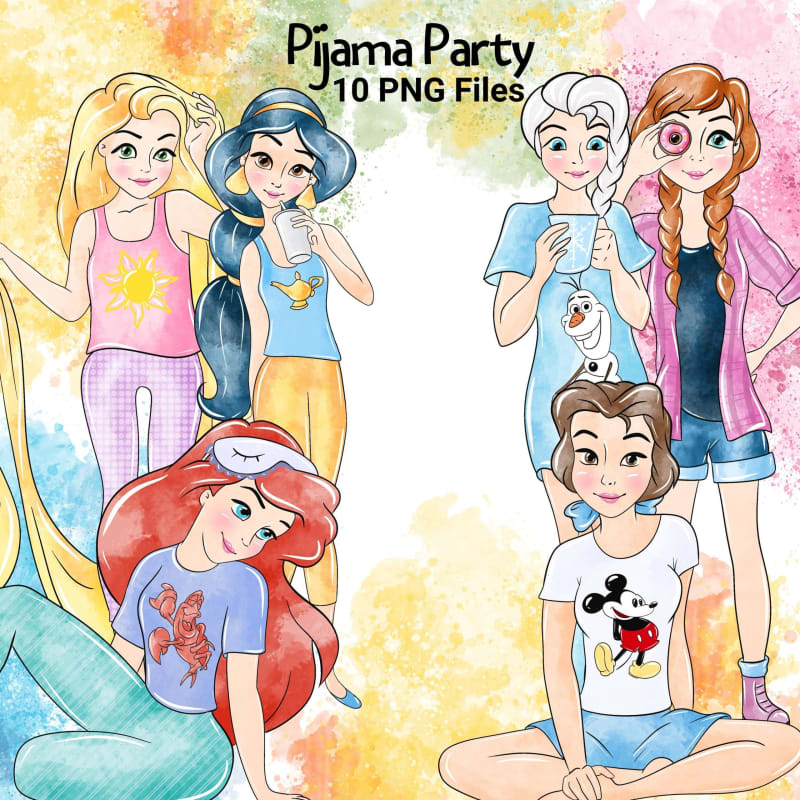 Disney Princess Pijama Clipart Bundle Belle Ariel Rapunzel Jasmine Elsa PNG (Digital Download)