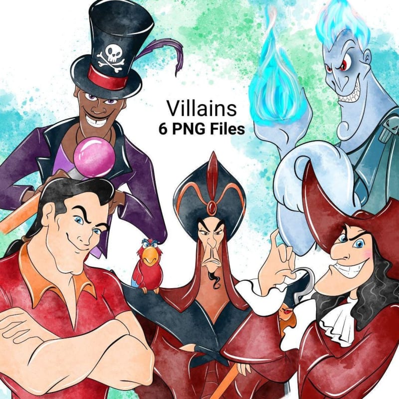 Disney Villains Clipart Bundle Watercolor Evil PNG Jafar Hades Gaston Captain Hook (Digital Download)