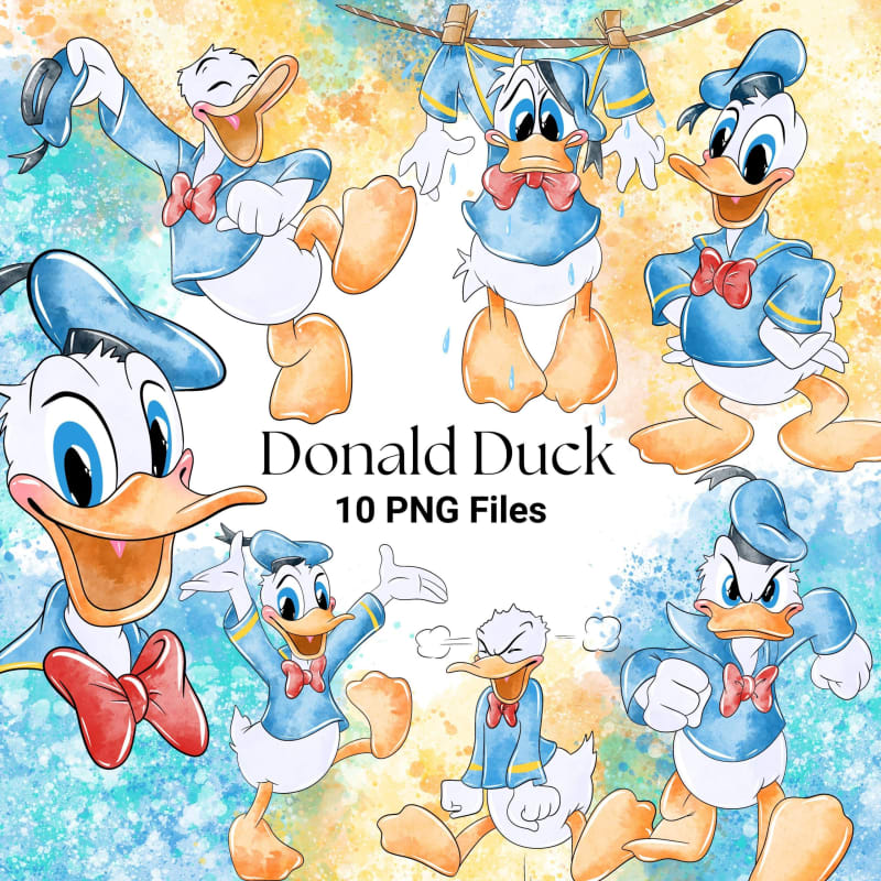 Donald Duck Watercolor Clipart Disney Mickey’s Friend PNG Bundle (Digital Download)