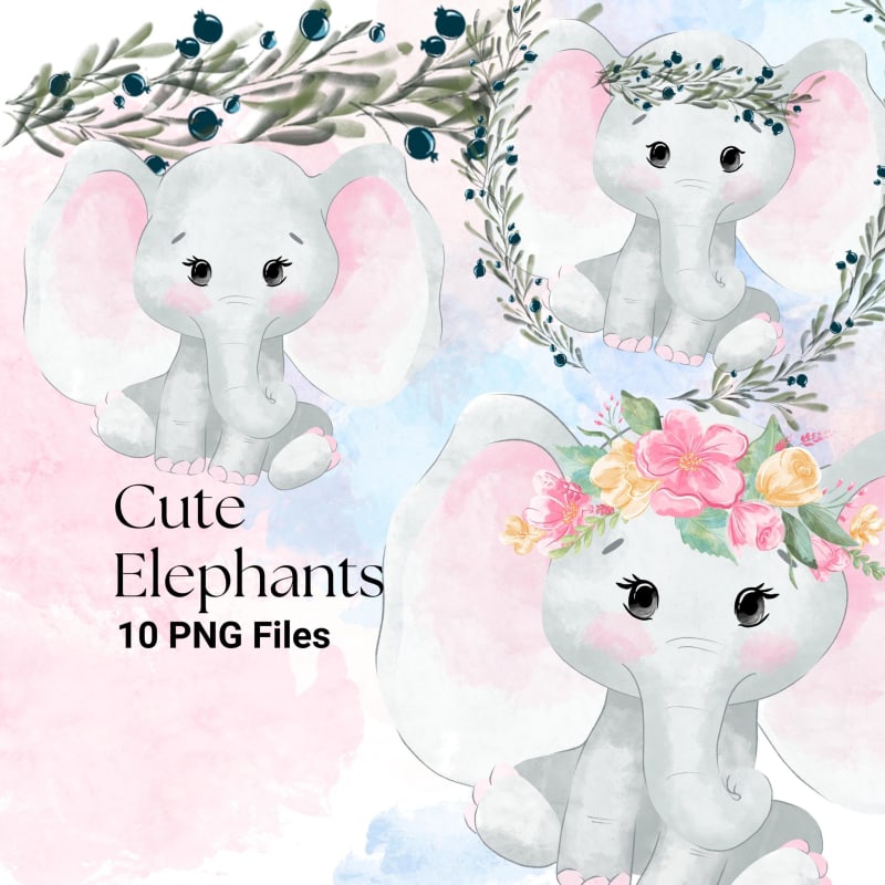 Elephant Watercolor Clipart Bundle Jungle Baby Animal with Flowers PNG (Digital Download)