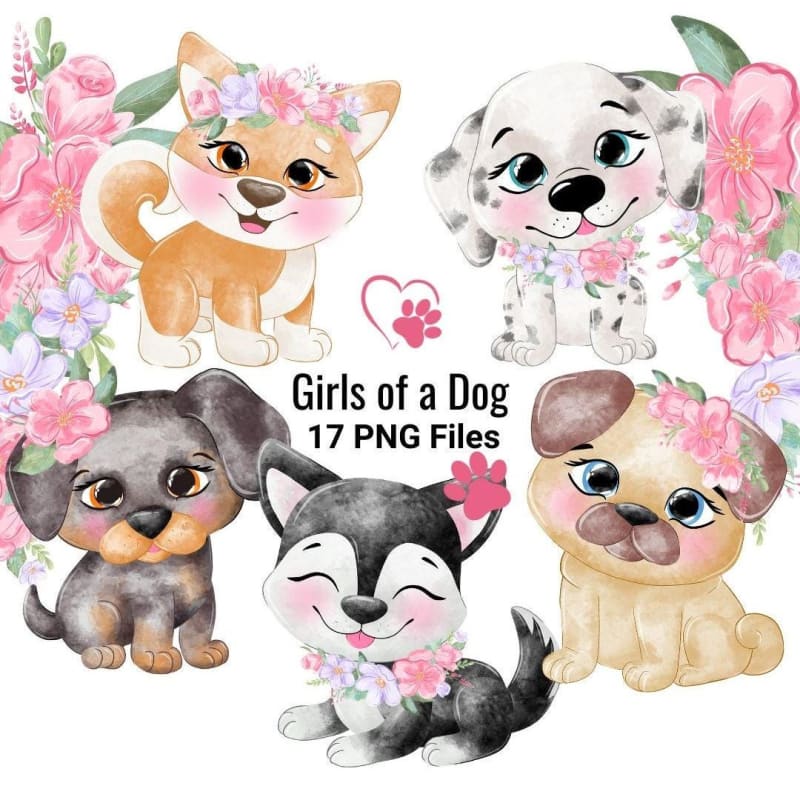 Floral Puppy Clipart Bundle Watercolor Girl Dog PNG Set (Digital Download)