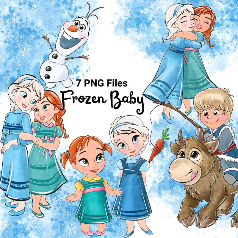 Frozen Baby Clipart Winter Watercolor Disney Sisters PNG Bundle (Digital Download)
