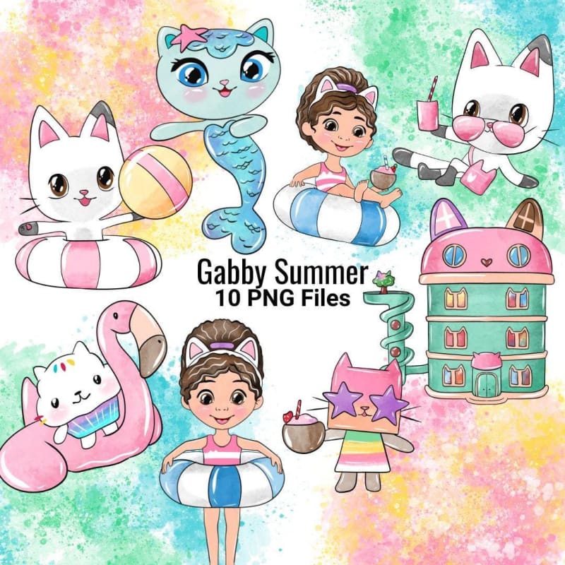Gabby Summer Clipart Cat Mermaid Pool Float Kids Dreamworks PNG (Digital Download)