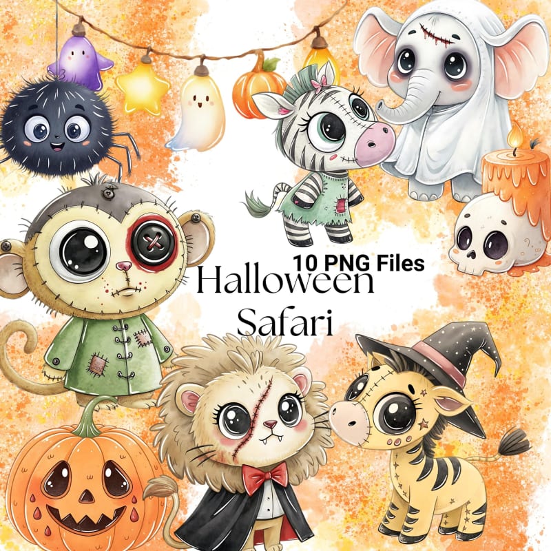 Halloween Safari Animals Watercolor Clipart PNG (Digital Download)