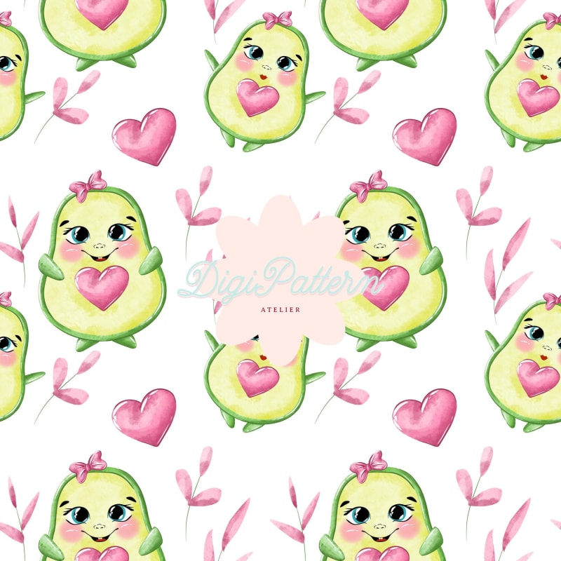 Kawaii Avocado Seamless Pattern Watercolor Digital Paper (Digital Download)