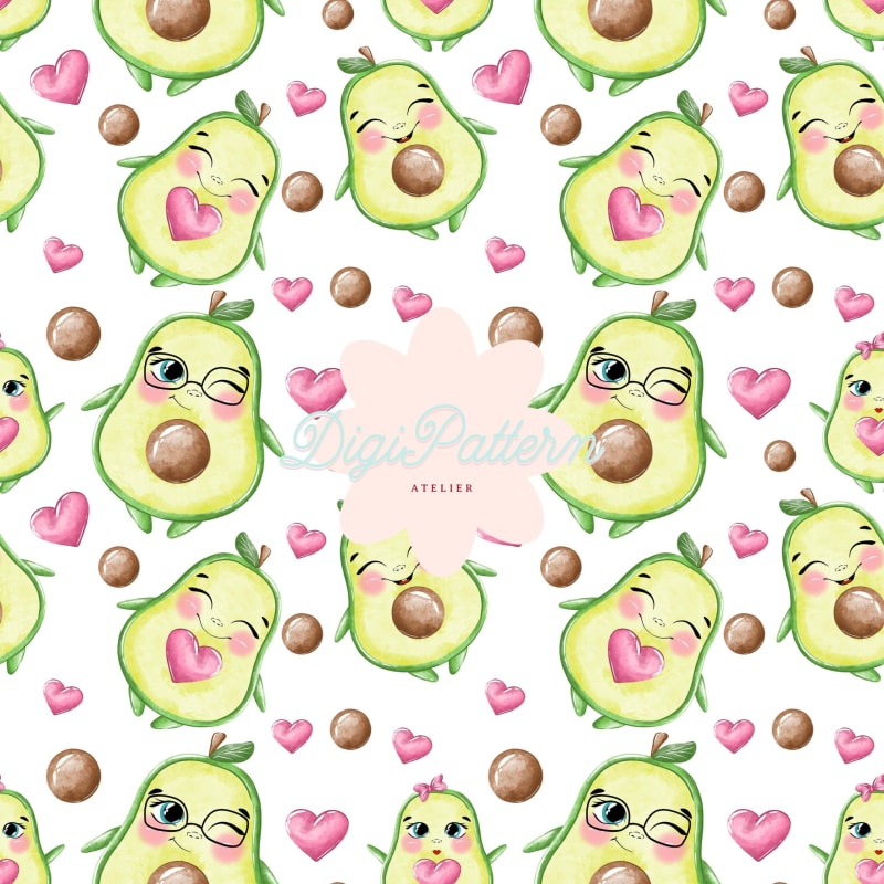 Kawaii Avocado Seamless Pattern Watercolor Fruit White Paper (Digital Download)