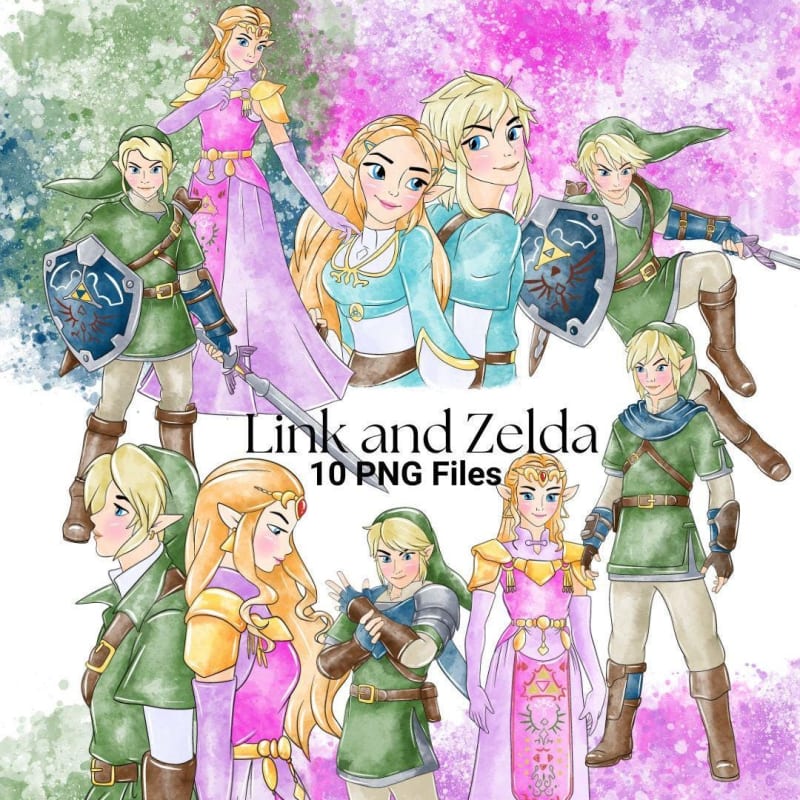 Link and Zelda Watercolor Clipart Fantasy Couple PNG Bundle (Digital Download)