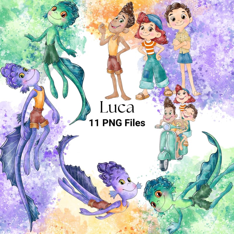 Luca Sea Monster Clipart Bundle Watercolor Kids Pixar PNG (Digital Download)