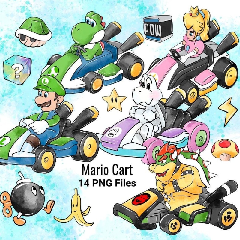 Mario Kart Watercolor Clipart Bundle Luigi Yoshi Bowser Nintendo VideoGames PNG (Digital Download)
