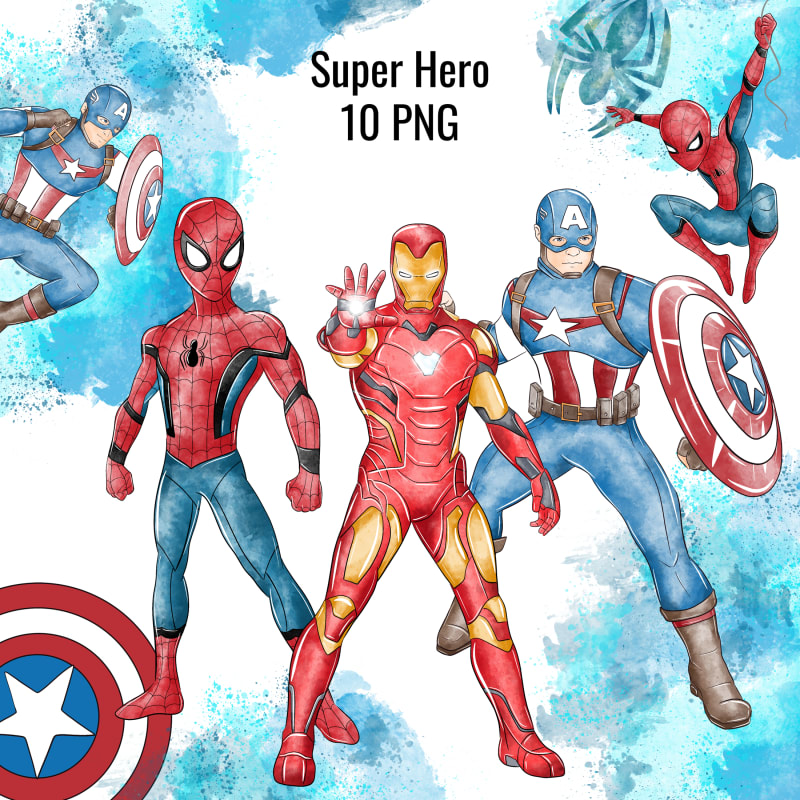 Marvel Super Hero Watercolor Clipart Bundle Spiderman Iron Man Captain America PNG Kit (Digital Download)