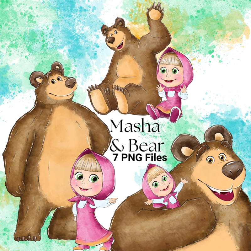 Masha and the Bear Watercolor Clipart Netflix Aquarel PNG Bundle (Digital Download)