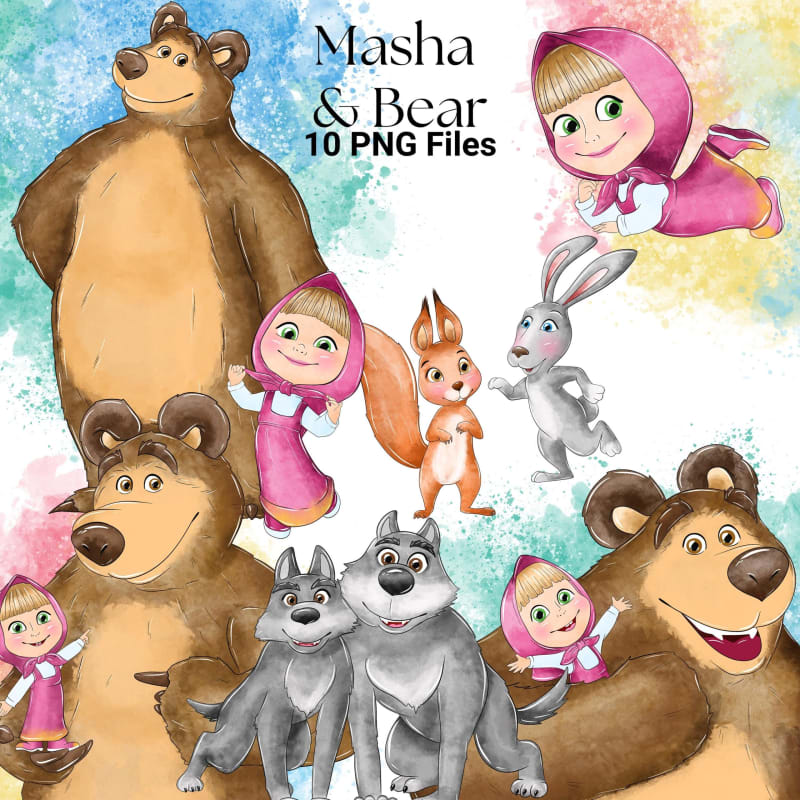 Masha and the Bear Watercolor Clipart PNG Bundle Netflix Show (Digital Download)