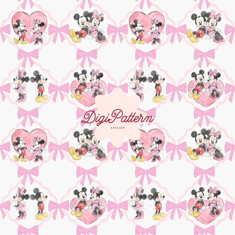 Mickey and Minnie Mouse Seamless Pattern Disney Pink Bows Heart Hand Drawn (Digital Download)
