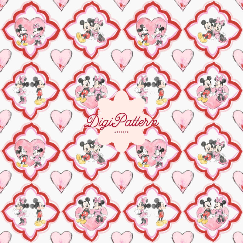 Mickey and Minnie Mouse Seamless Pattern Disney White Heart Hand Drawn (Digital Download)