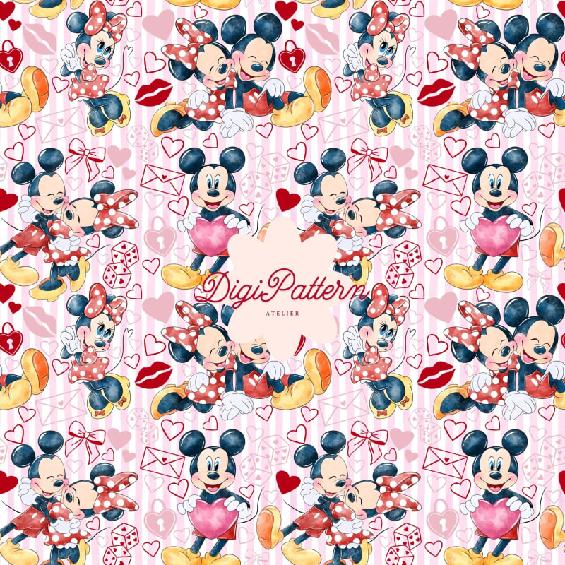 Mickey Minnie Mouse Valentine Seamless Pattern Watercolor Love Hearts Pink Stripes Paper (Digital Download)