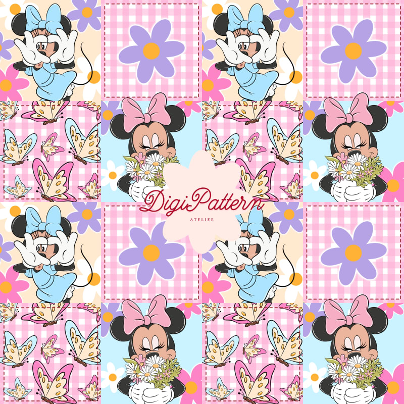 Minnie Mouse Floral Patchwork Seamless Pattern Pink Gingham Butterfly Paper (Digital Download)