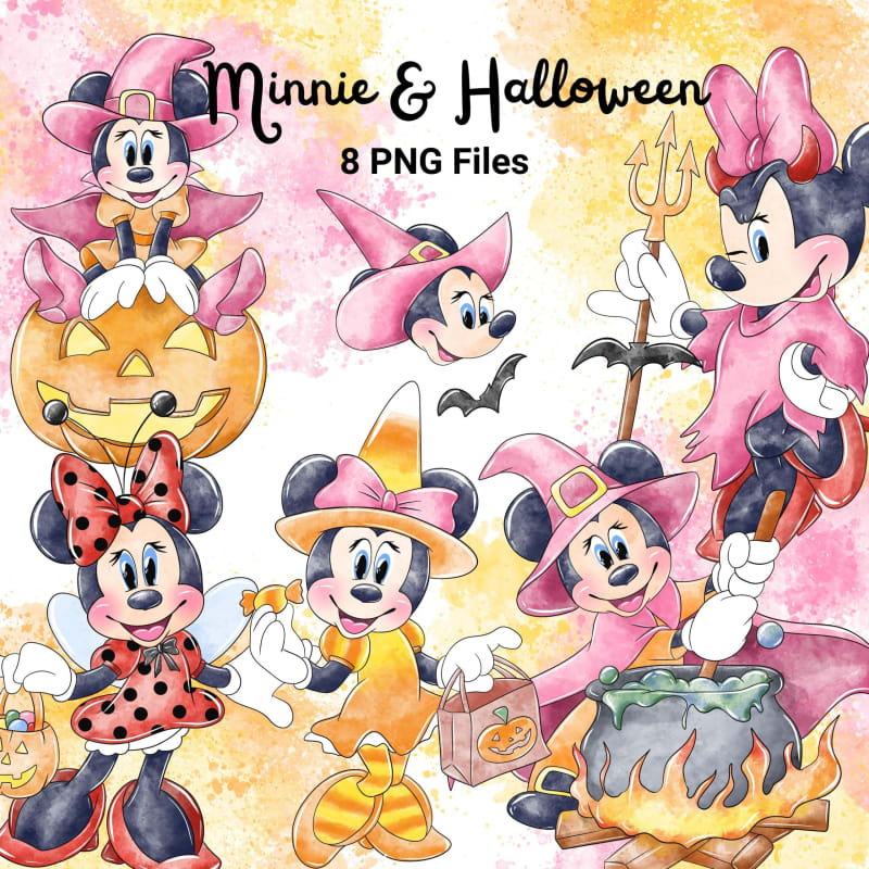 Minnie Mouse Halloween Watercolor Clipart Bundle Disney Spooky PNG (Digital Download)