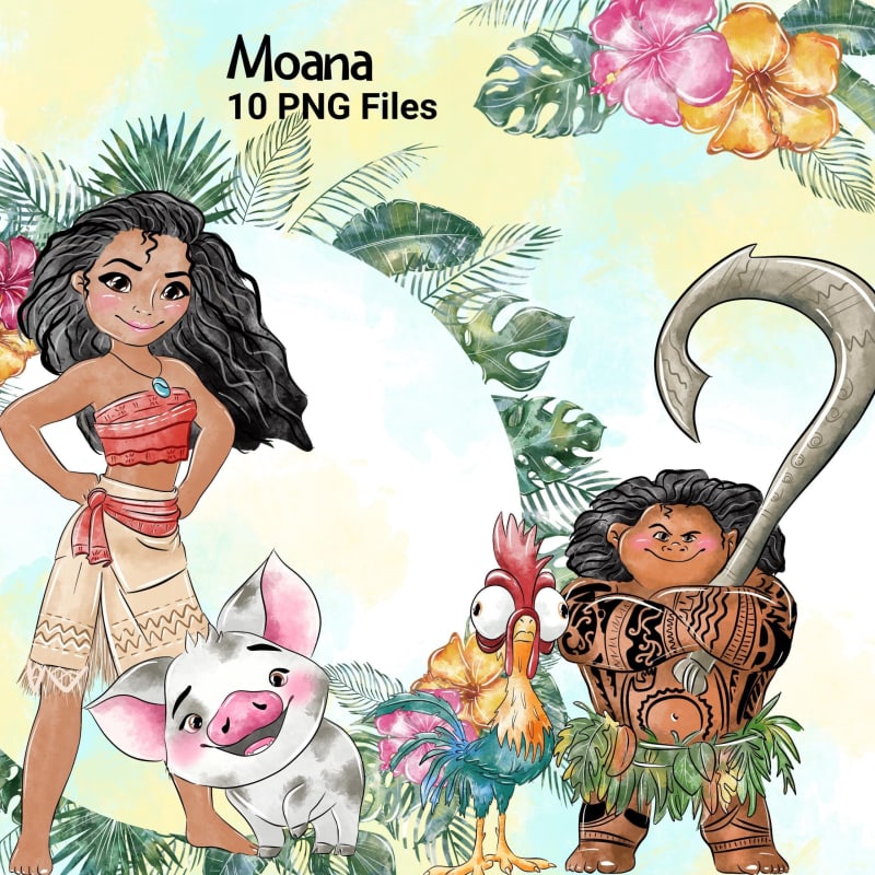 Moana Disney Clipart Bundle Cute Watercolor Tropical PNG (Digital Download)