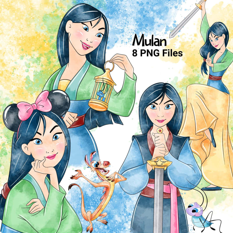 Mulan Warrior Princess Clipart Bundle Watercolor Disney PNG (Digital Download)