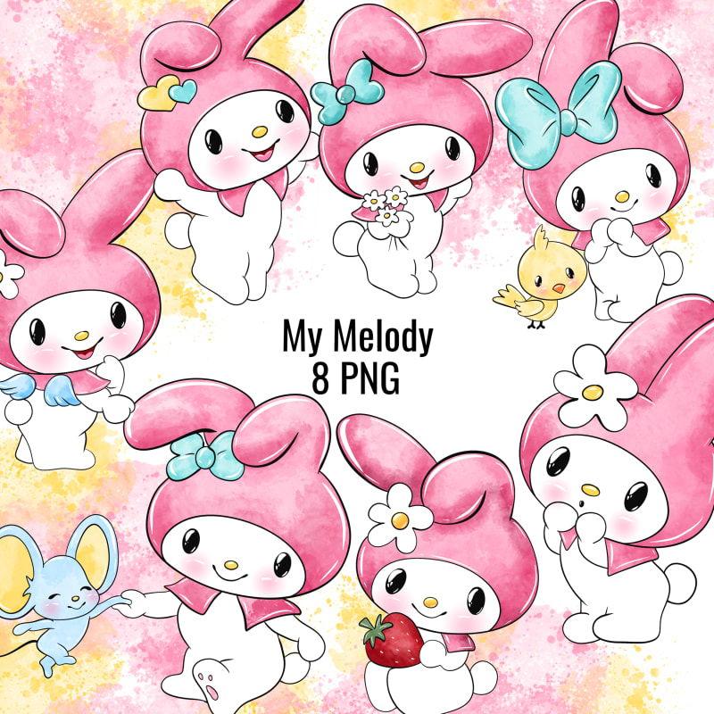My Melody Watercolor Clipart Bundle Sanrio Kawaii Pink Bunny PNG Kit (Digital Download)