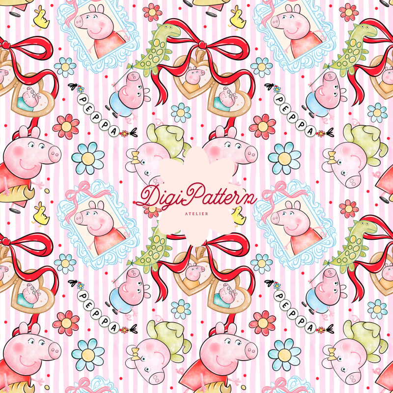 Peppa Pig and George Seamless Pattern Pink Stripes Watercolor Paper (Digital Download)