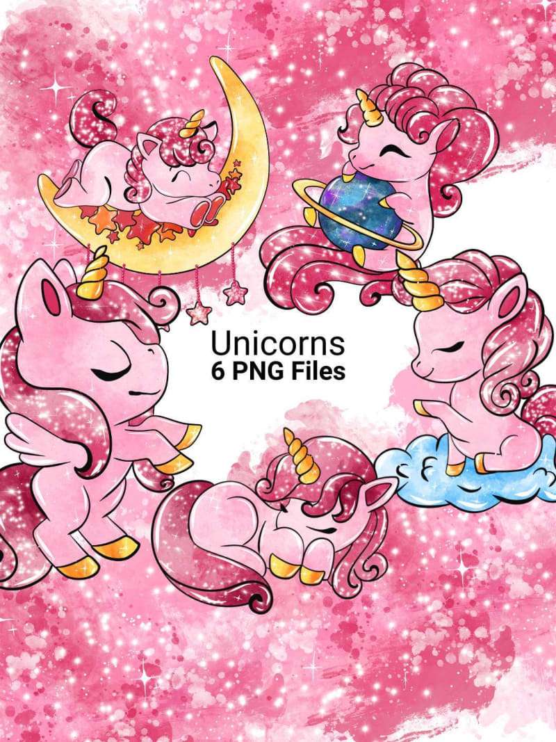 Pink Unicorn Clipart Bundle Watercolor Glitter Baby Fantastic Creature PNG (Digital Download)