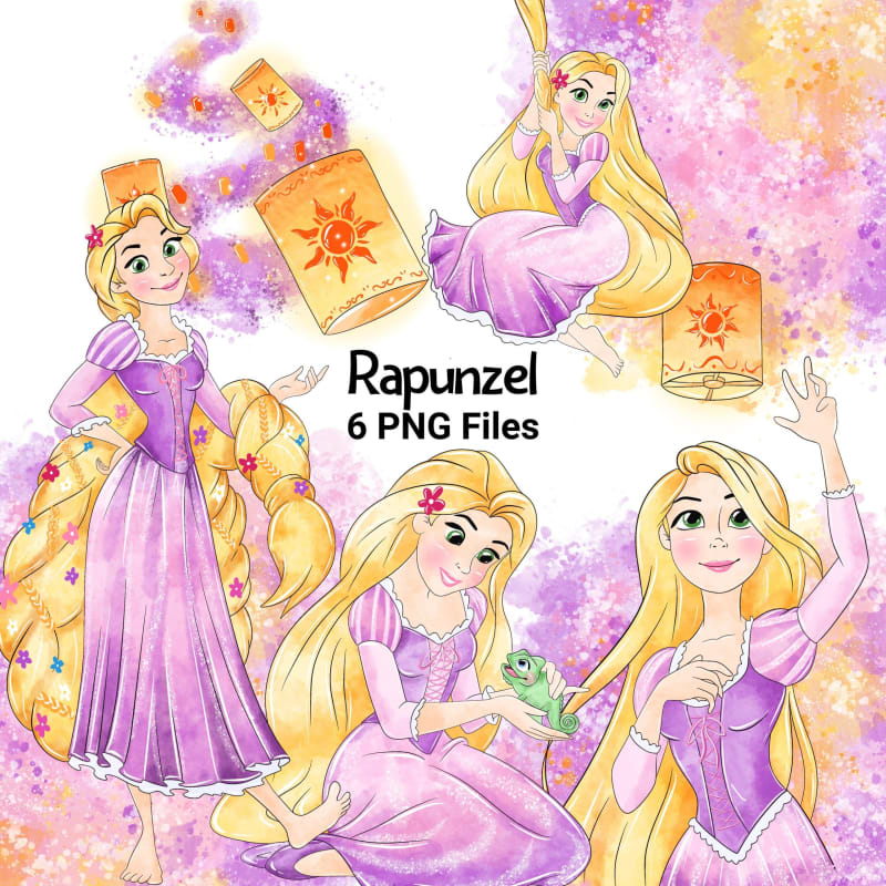 Rapunzel and Lanterns Clipart Set Disney Princess Watercolor PNG (Digital Download)