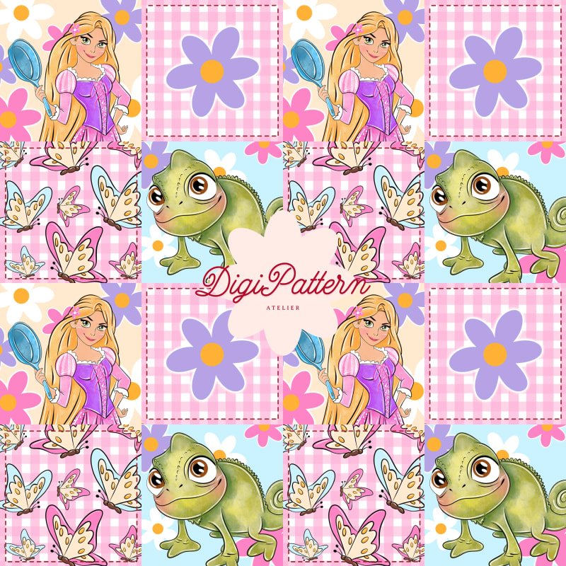 Rapunzel Pascal Seamless Pattern Patchwork Pink Gingham Floral (Digital Download)