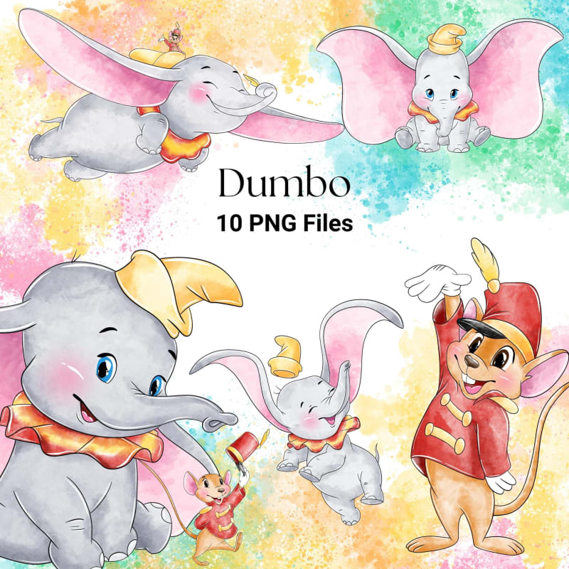 Red and Yellow Dumbo Clipart Bundle Disney Elephant Watercolor PNG (Digital Download)
