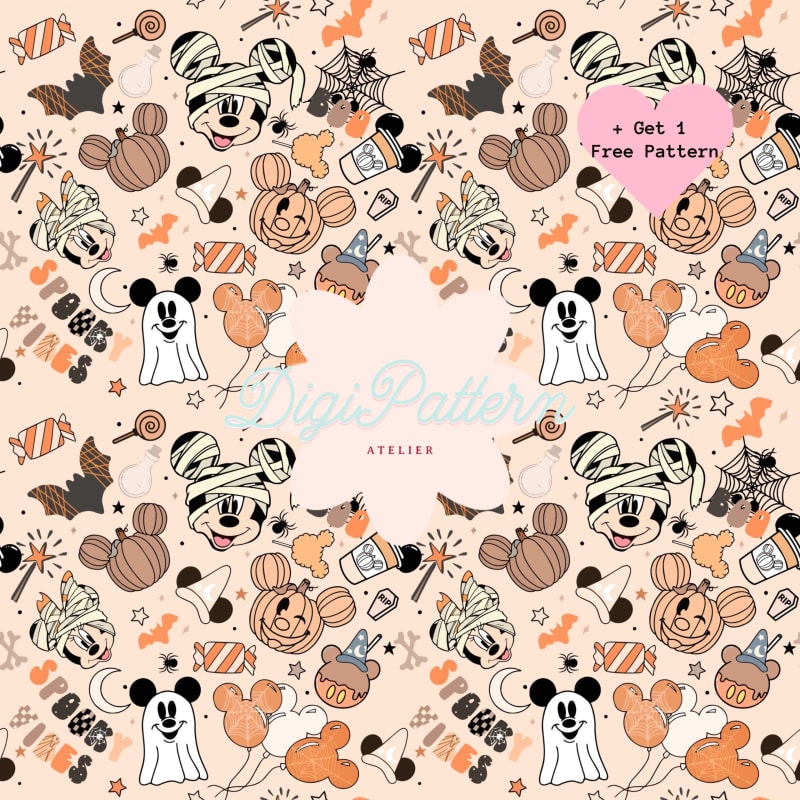 Retro Disney Halloween Mickey and Minnie Seamless Pattern Orange Paper (Digital Download)