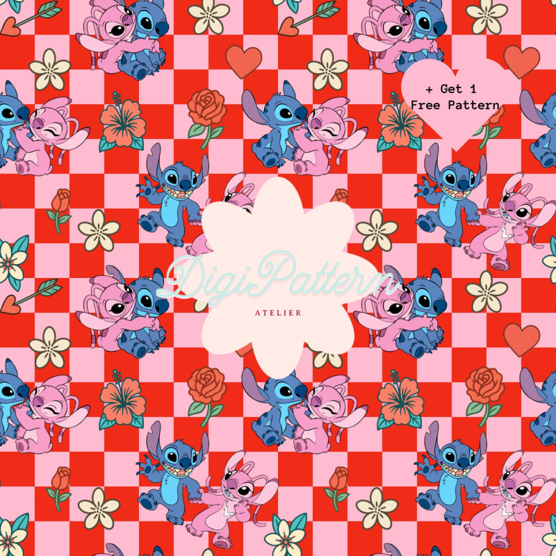 Retro Magical Love Lilo and Stitch Seamless Pattern Valentines Day Love (Digital Download)